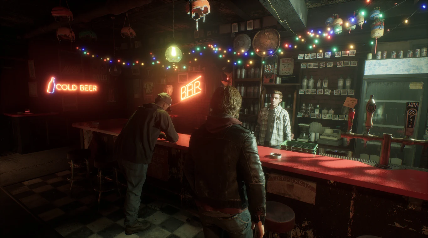 Samson. Dwie osoby przy barze oświetlonym neonami, barman za ladą, półka z alkoholem w tle.