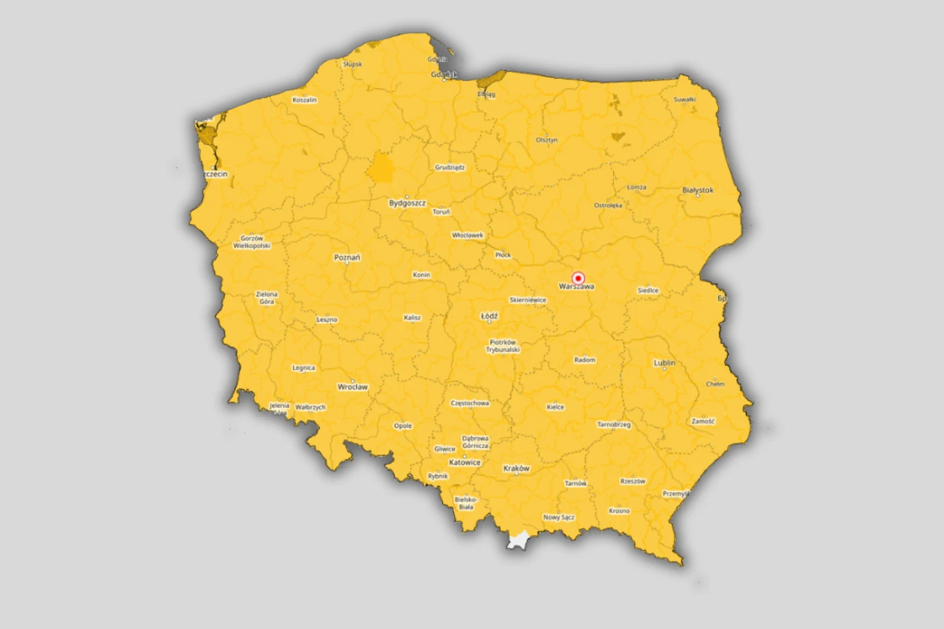 mapa Polski w żółtym kolorze z wyraźnie zaznaczonymi granicami województw oraz nazwami większych miast, na środku oznaczona Warszawa czerwoną kropką