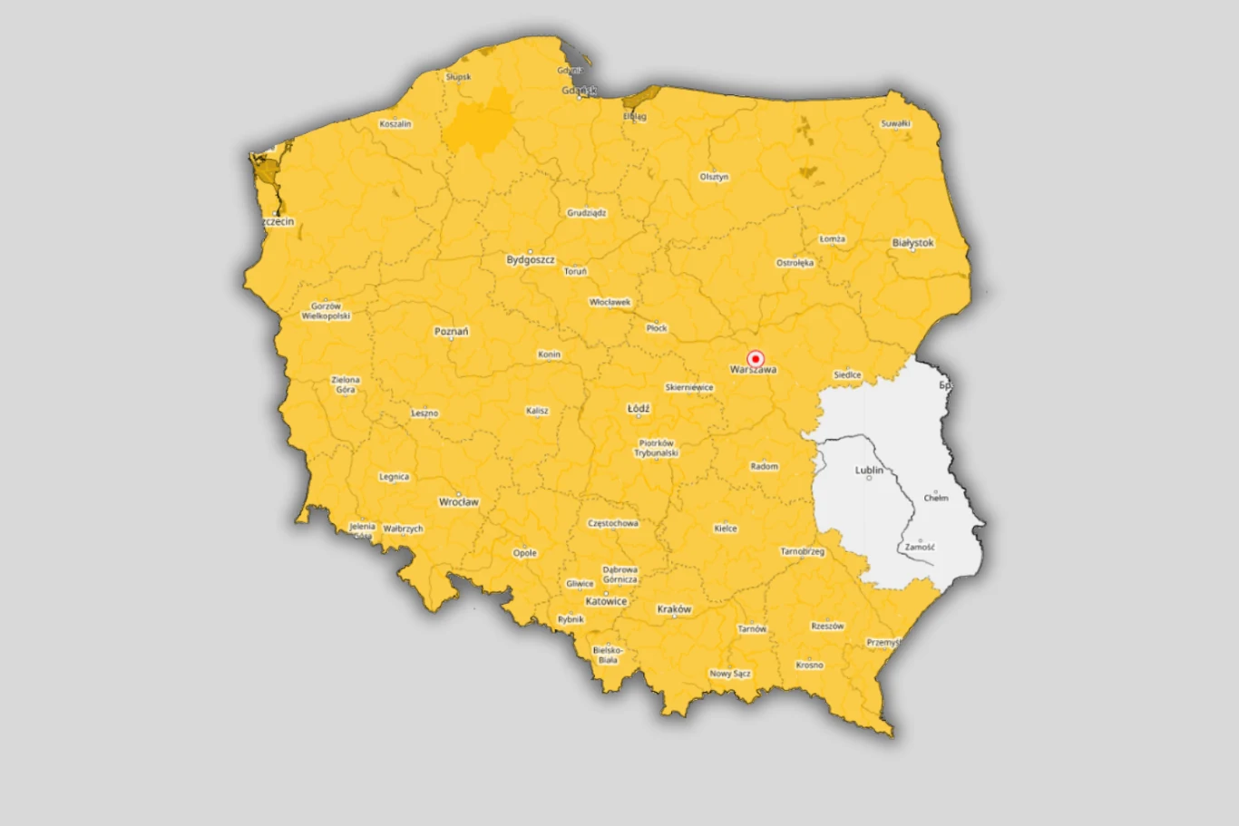 Mapa Polski z zaznaczonymi granicami województw, większość terytorium oznaczona kolorem żółtym, natomiast województwo lubelskie oraz podkarpackie wyróżnione białym kolorem; miasta wojewódzkie opisane nazwami, a centralnym punktem zaznaczona Warszawa cz...