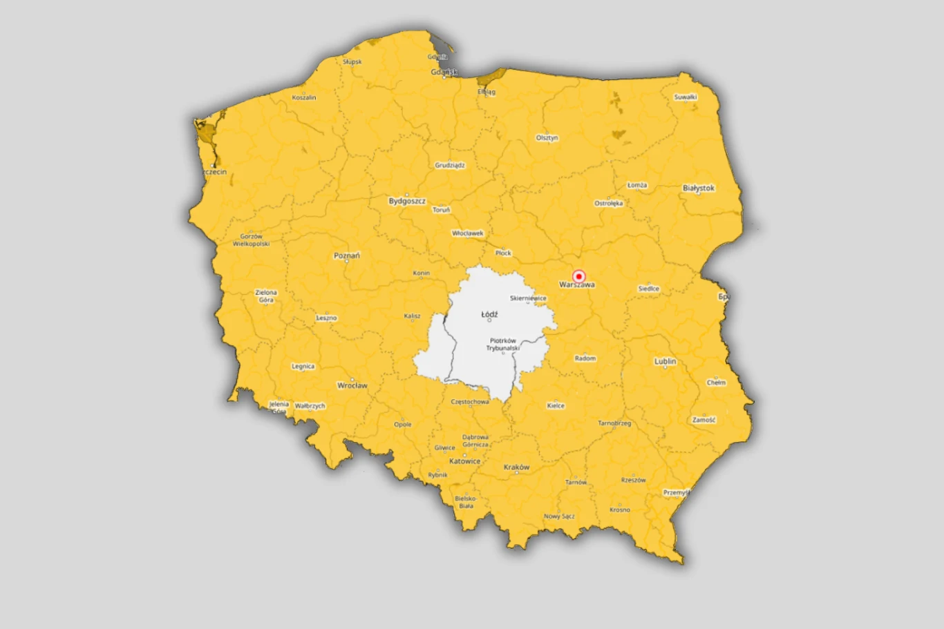 mapa Polski z zaznaczonym województwem łódzkim na biało, podczas gdy pozostałe województwa wyróżnione są kolorem żółtym; na mapie widoczne są granice województw i niektóre większe miasta