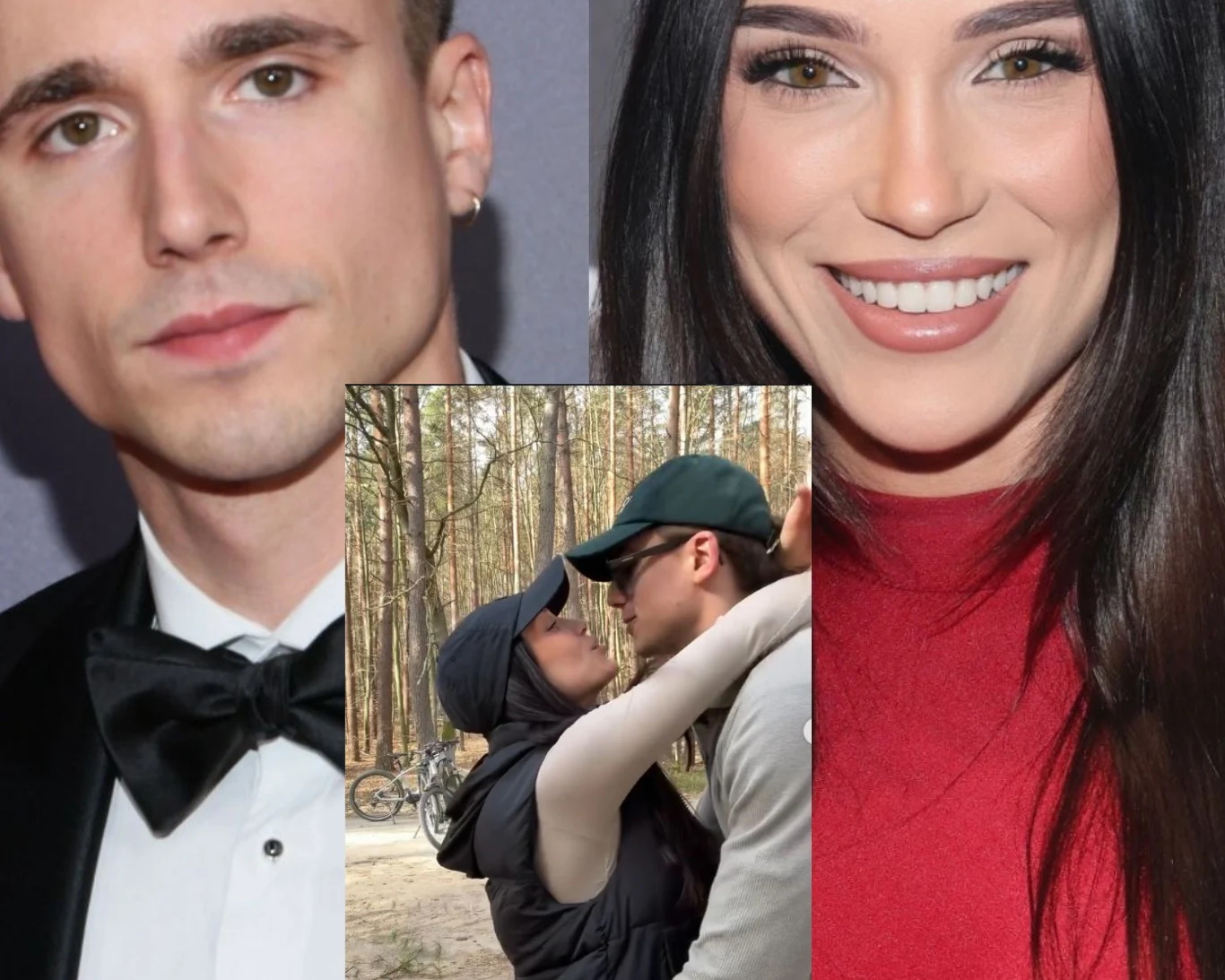 Zbliżenia dwóch młodych osób – mężczyzny w smokingu i kobiety z długimi ciemnymi włosami w czerwonej bluzce – oraz mniejsze zdjęcie pośrodku ukazujące parę całującą się w lesie, ubrani są w sportowe stroje i czapki z daszkiem, w tle widać drzewa oraz r...