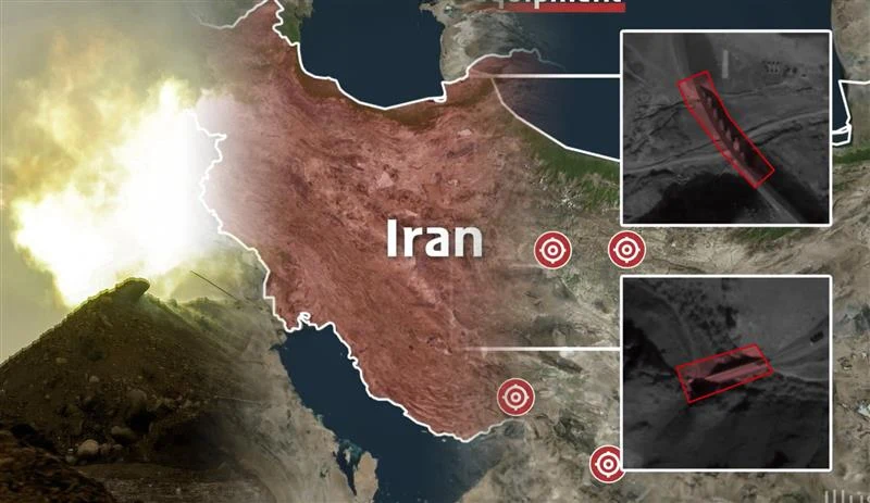 Mapa Iranu z zaznaczonymi miejscami izraelskich ataków i fragmentami zdjęć satelitarnych wybranych celów