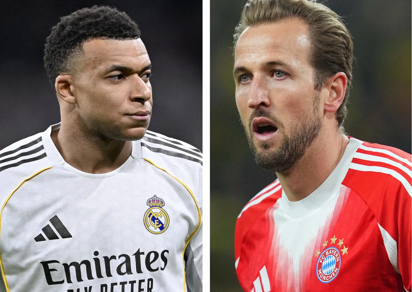 Dwóch piłkarzy w strojach klubowych, po lewej zawodnik w białej koszulce Realu Madryt z wyraźnym herbem klubu, po prawej zawodnik w czerwonej koszulce Bayernu Monachium z widocznym logo drużyny, obaj skoncentrowani i zwróceni twarzami w stronę siebie.