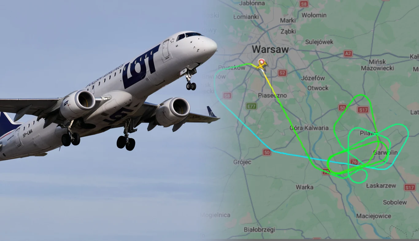 Samolot LOT oraz mapa z trasą lotu pokazującą powrót i manewry wokół Warszawy