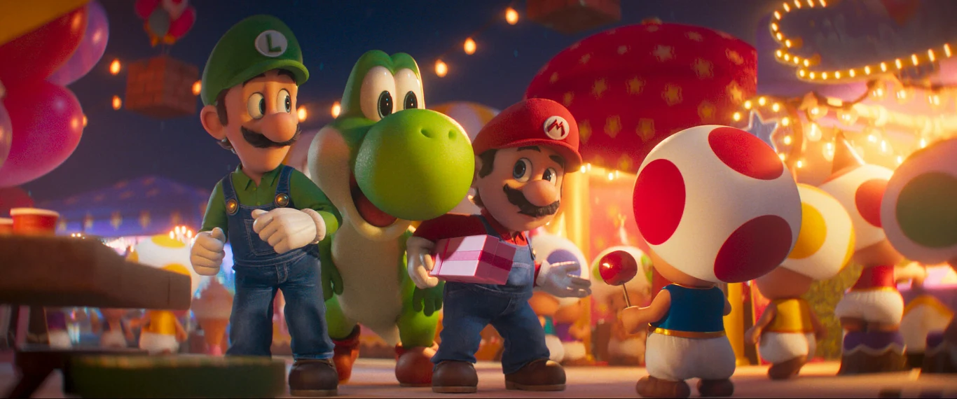 Luigi, Mario i Yoshi spacerują obok kolorowych straganów na festynie, a Toad trzyma lizaka i patrzy w ich stronę.