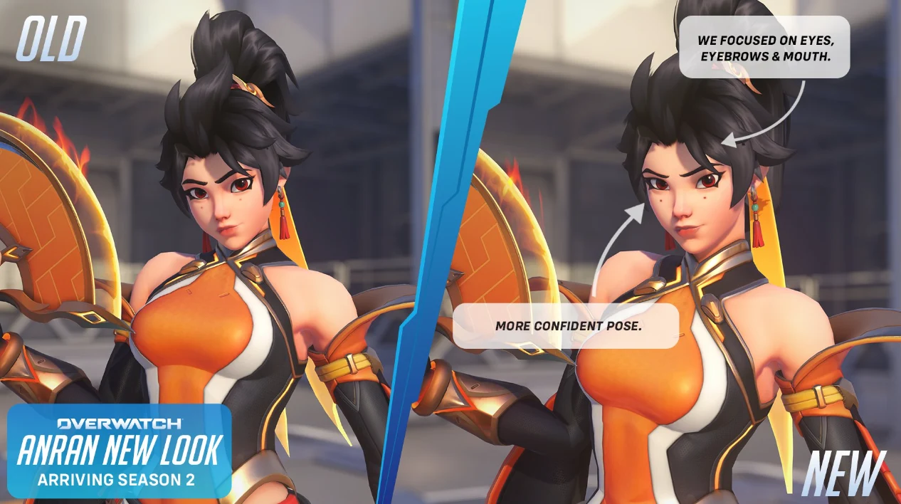 Porównanie dwóch wersji postaci kobiecej z gry Overwatch – po lewej stronie starszy wygląd z mniej wyrazistym wyrazem twarzy i neutralną pozą, po prawej nowsza wersja z bardziej dynamicznym, pewnym siebie wyrazem twarzy, wyraźniej zaakcentowanymi oczam...