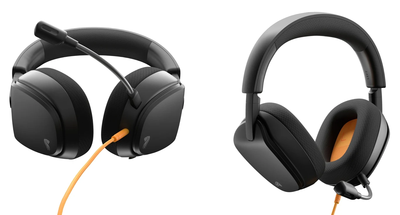 Dwa czarne zestawy słuchawkowe nauszne z dołączonymi mikrofonami i pomarańczowymi kablami, prezentowane z różnych perspektyw na białym tle.