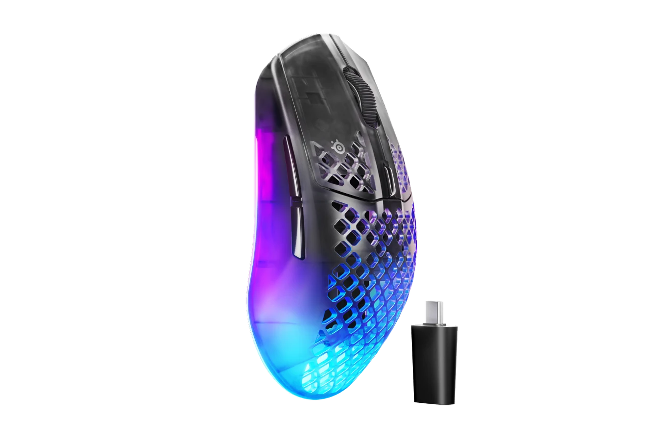 Bezprzewodowa mysz komputerowa z perforowaną obudową z podświetleniem LED w odcieniach niebieskiego i fioletu, ustawiona obok niewielkiego odbiornika USB.