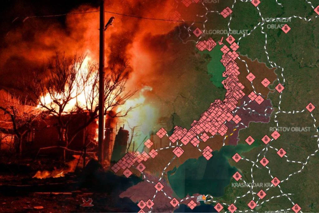 Skutki ataku Rosji w Ukrainie. Obok mapa frontu wojny w Ukrainie.