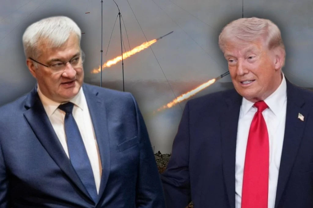 Szef MSZ Ukrainy Andrij Sybiha i prezydent USA Donald Trump. W tle pociski Rosji.