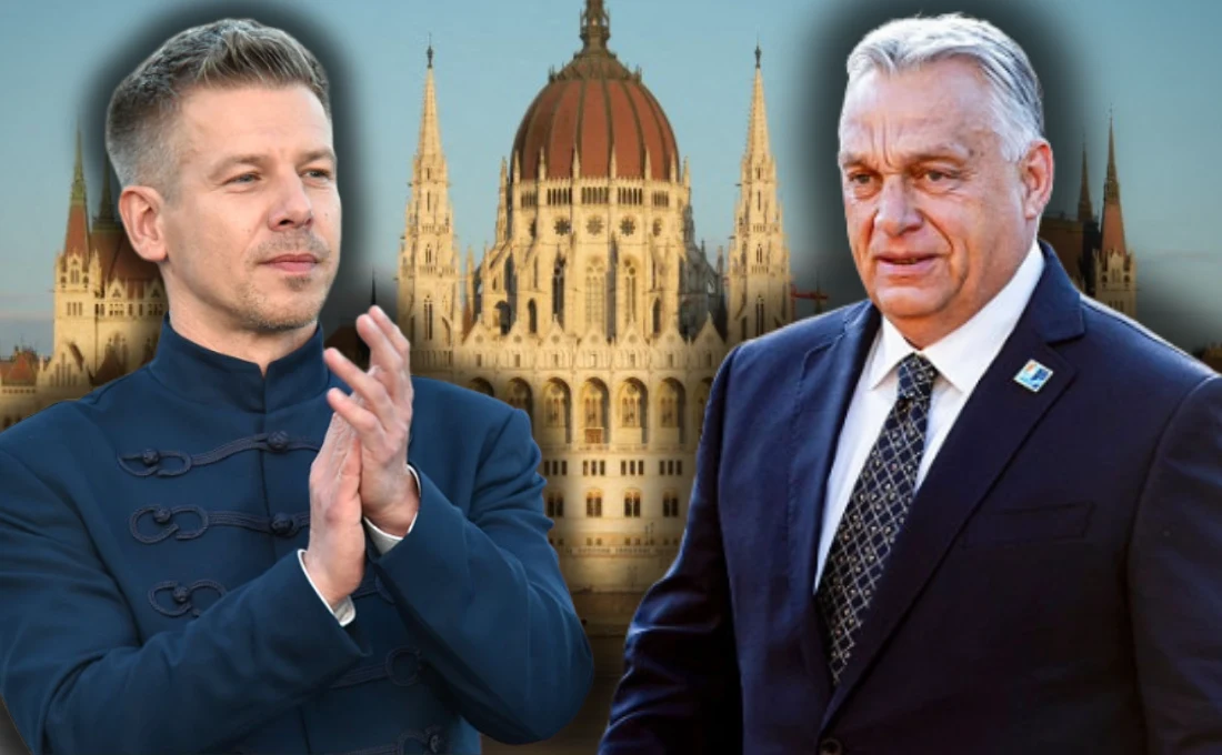 Peter Magyar w tradycyjnym mundurze i Viktor Orban w garniturze na tle węgierskiego parlamentu.