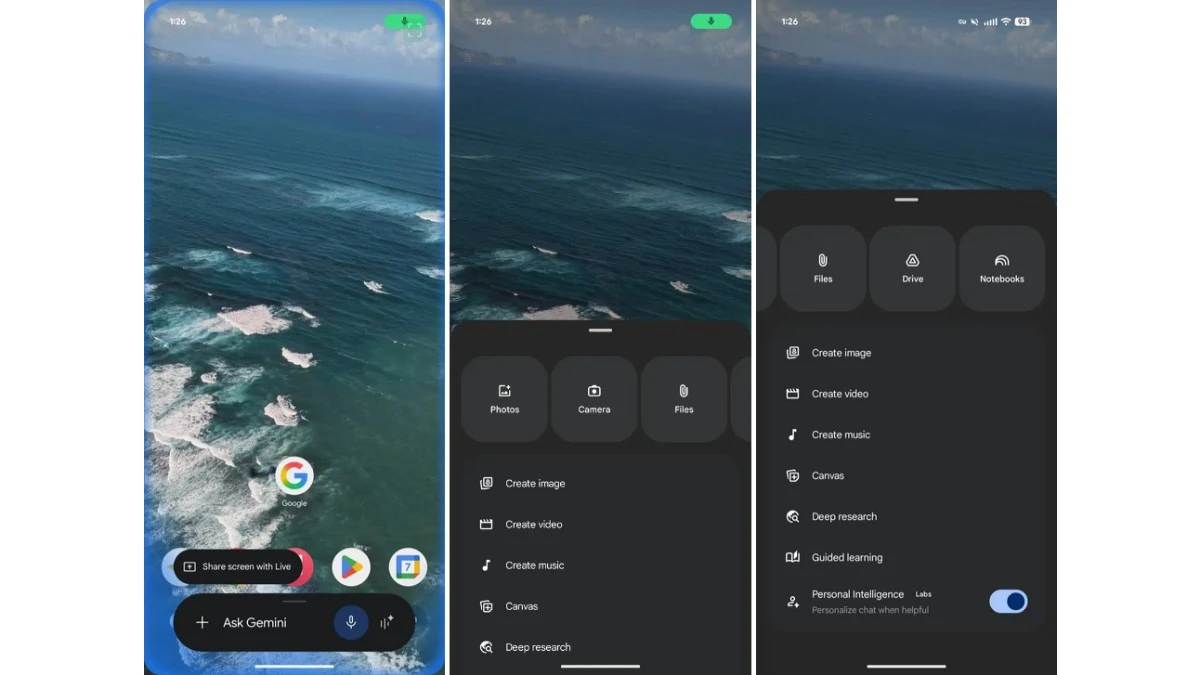 Ekrany smartfona z interfejsem aplikacji AI Ask Genesis, z widocznymi opcjami tworzenia obrazów, wideo, muzyki, badania oraz sekcją ustawień, na tle zdjęcia lotniczego oceanu z falami i fragmentem wybrzeża.