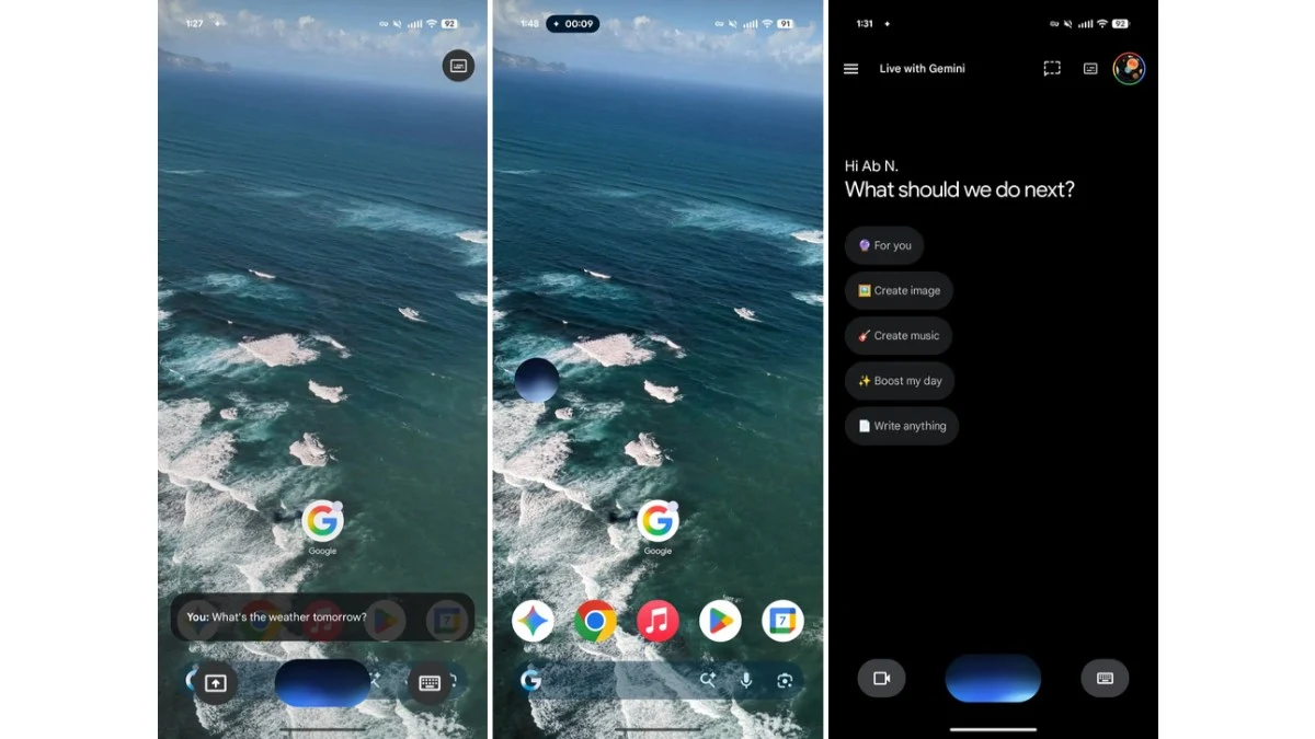 Ekran smartfona z aplikacją Google, widok na ocean w tle, na środku zestaw ikon najważniejszych aplikacji, w prawym panelu wyświetlone opcje interakcji z asystentem, takie jak tworzenie obrazów czy wyszukiwanie informacji.