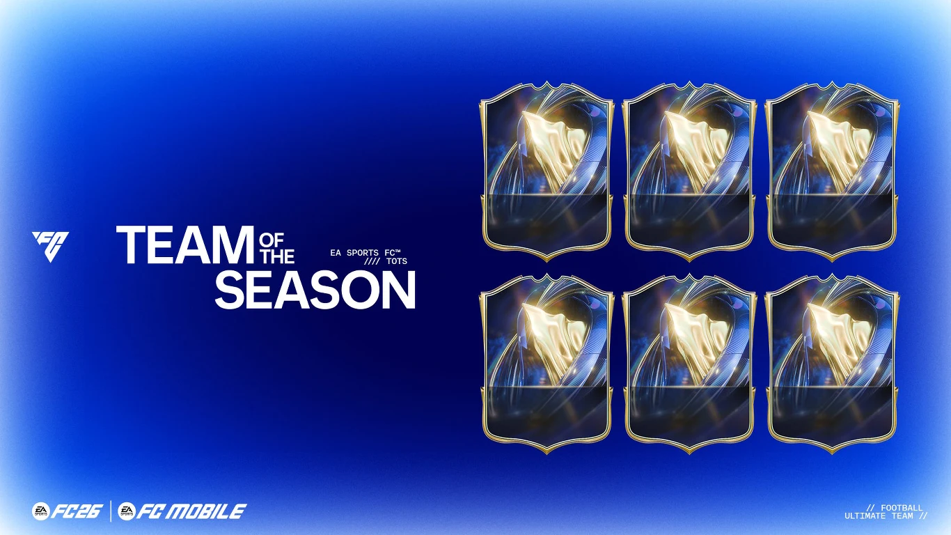 Sześć kart TOTS z tarczą i złotymi skrzydłami na niebieskim tle, napisy „Team of the Season”, loga FC 25 i FC Mobile.