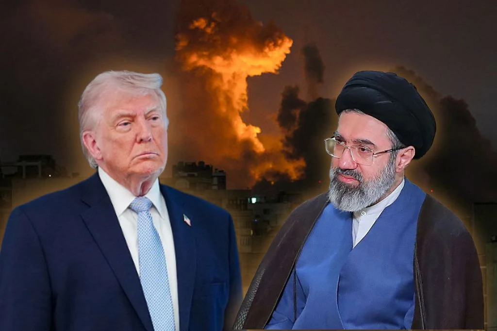 Donald Trump i Modżtaba Chamenei, w tle wybuch nad Iranem