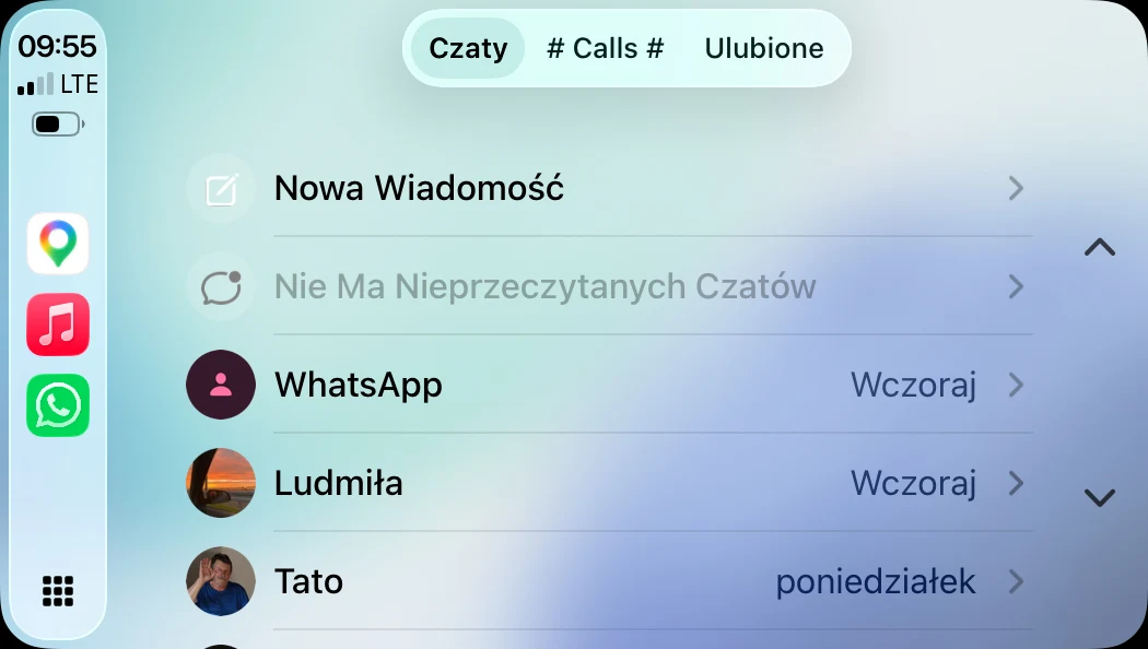 Interfejs komunikatora samochodowego z widocznymi ikonami aplikacji z lewej strony ekranu oraz listą czatów po prawej, na której znajdują się rozmowy z WhatsApp, Ludmiłą i Tatą oraz podział na kategorie Czaty, Calls, Ulubione.