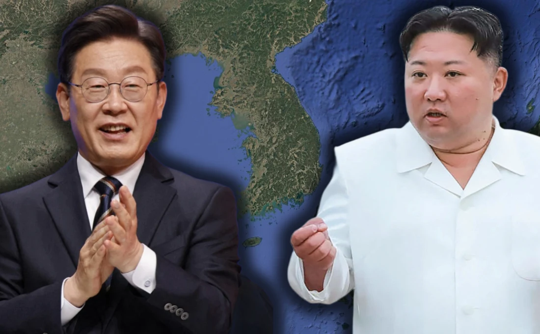 Kim Dzong Un i Lee Jae-myung stoją na tle mapy Półwyspu Koreańskiego, ubrani elegancko, gestykulujący rękami.
