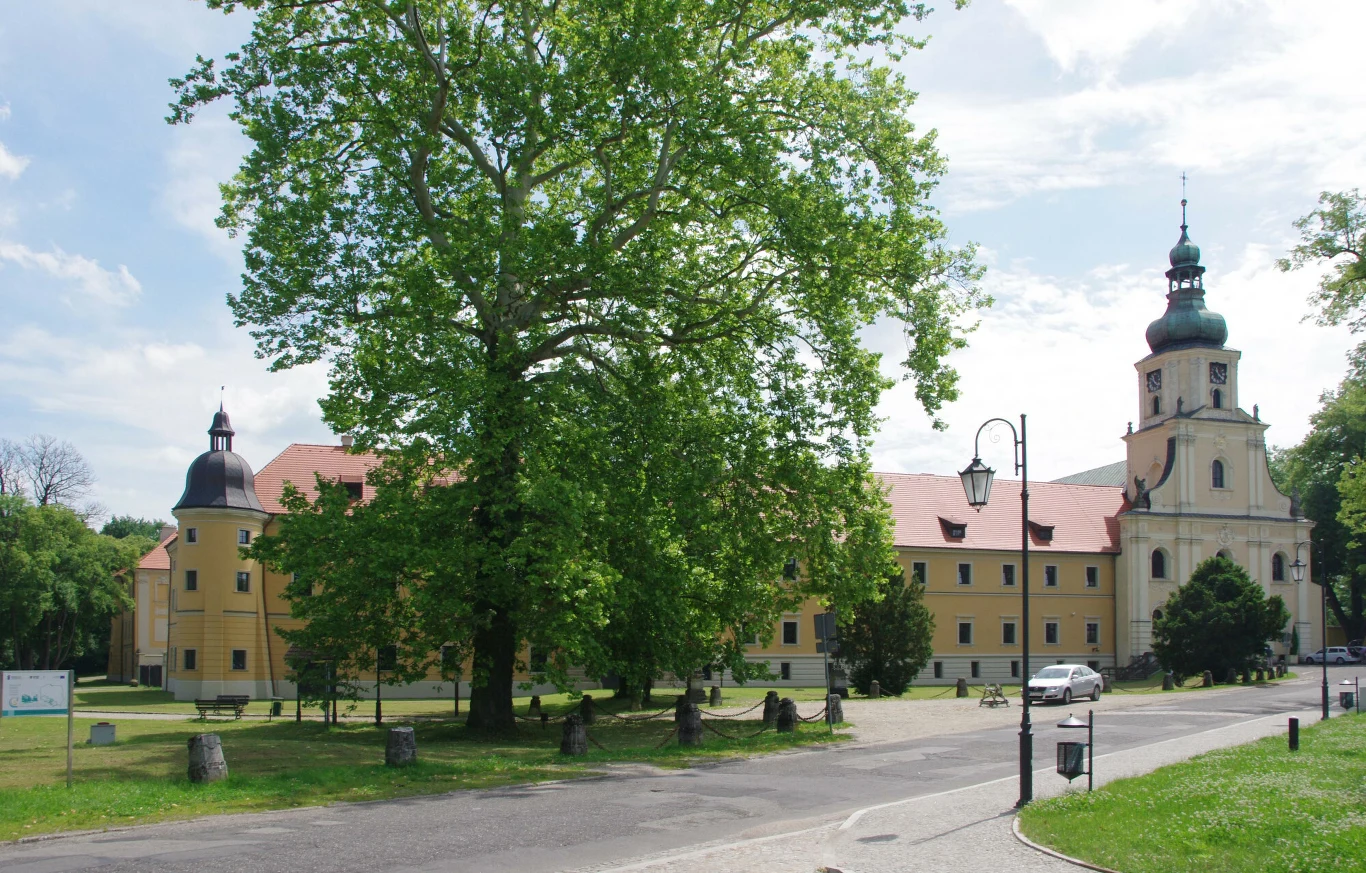 Rudy to mała miejscowość w woj. śląskim, leżąca pomiędzy Gliwicami i Raciborzem Barokowy klasztor w Rudach z żółtą elewacją, czerwoną kopułą, otoczony zielenią i brukowaną drogą.