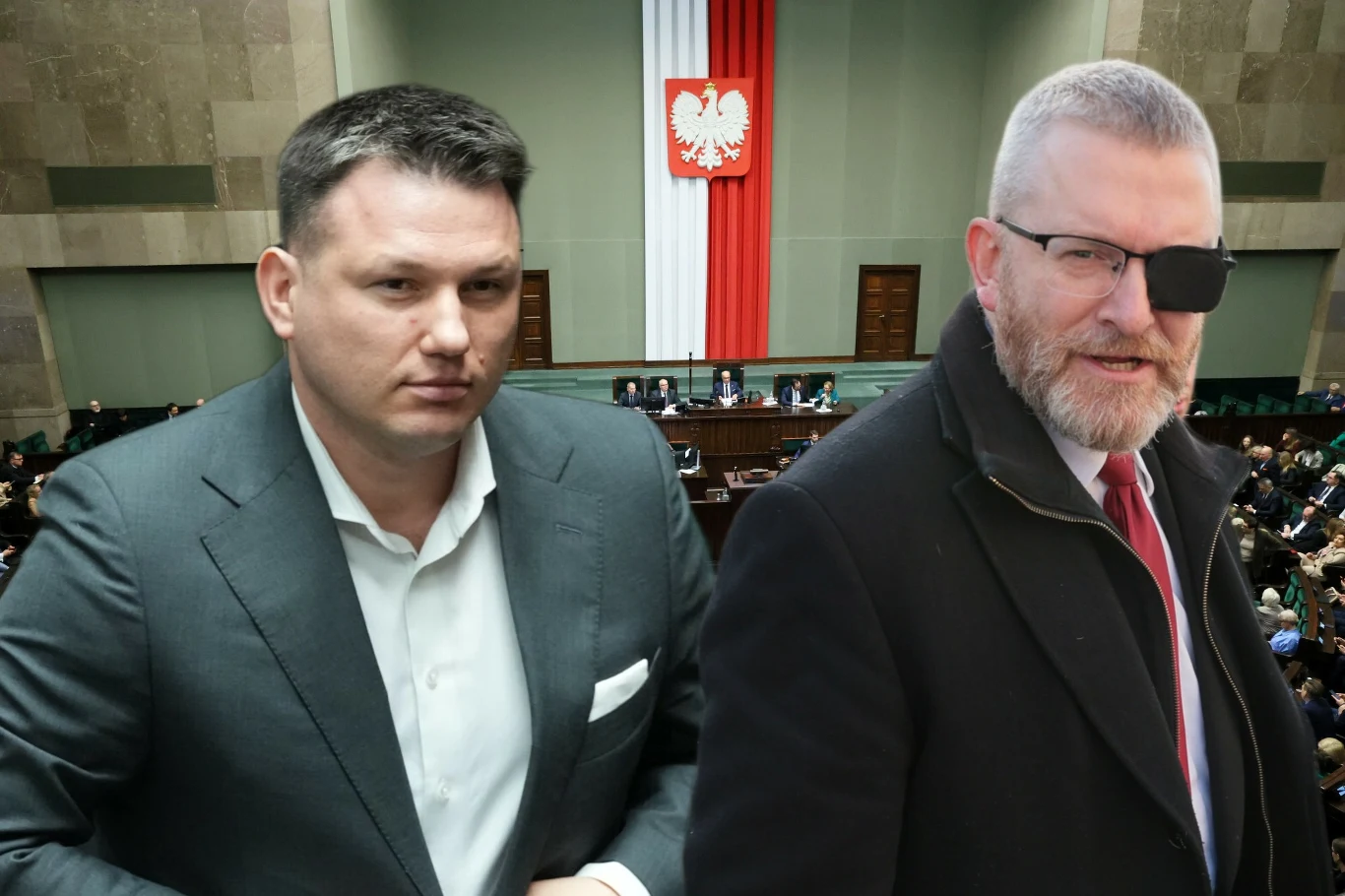 Sławomir Mentzen i Grzegorz Braun na tle sali posiedzeń Sejmu