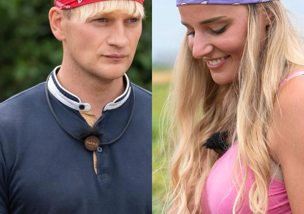 Uczestnicy programu "Farma": Agnieszka Białek i Łukasz "Janosik" Januszczak Agnieszka Białek i Łukasz Januszczak na "Farmie". Stoją razem, z mikrofonami, na tle zieleni.