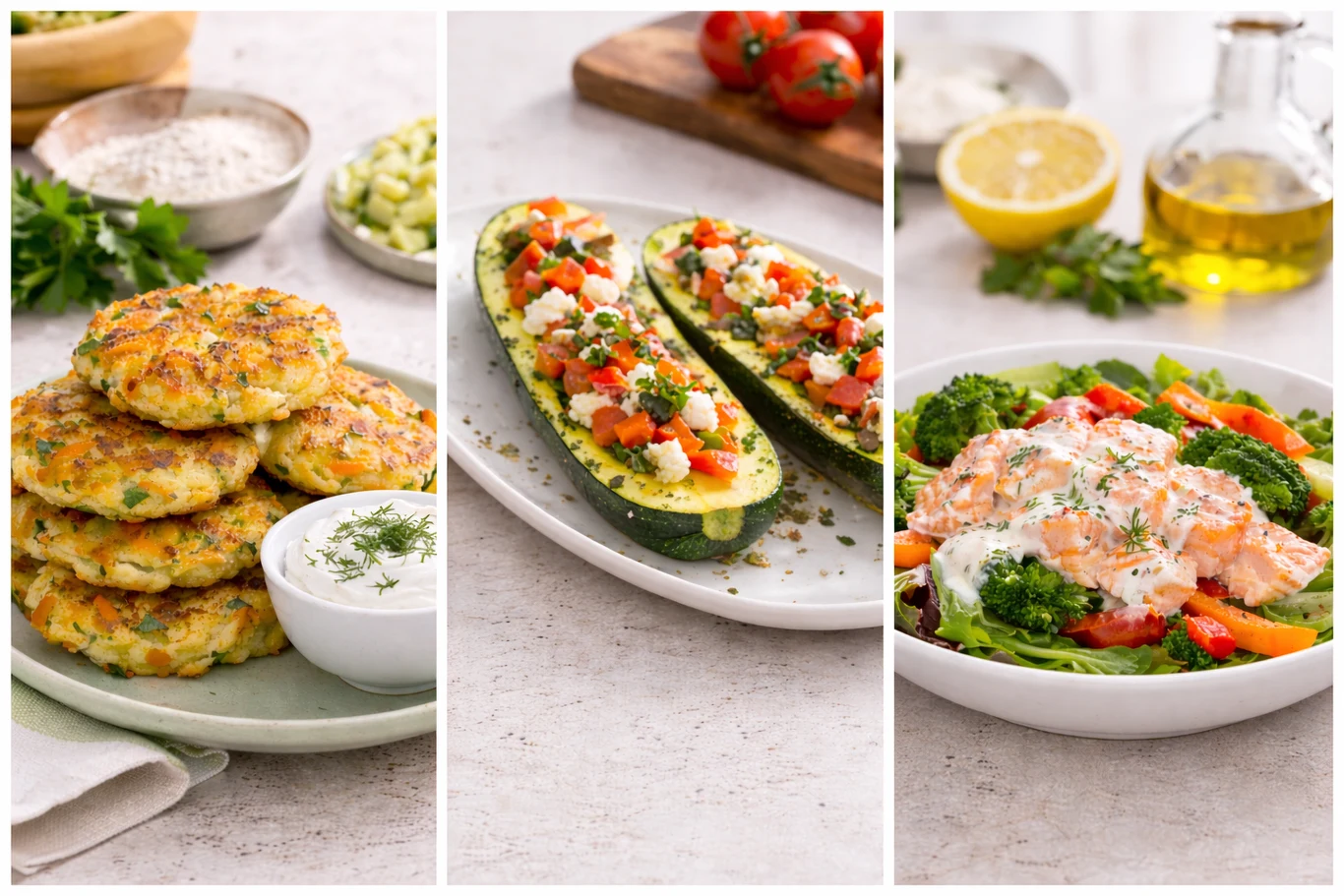 3 przepisy na szybkie i lekkie kolacje Trzy oddzielne talerze z potrawami: na pierwszym stos kotlecików warzywnych z dipem jogurtowym; na środkowym halved cukinie faszerowane warzywami i serem; na trzecim grillowany łosoś podany na sałatce z brokułów, marchwi i papryki z jogurtowym sosem.