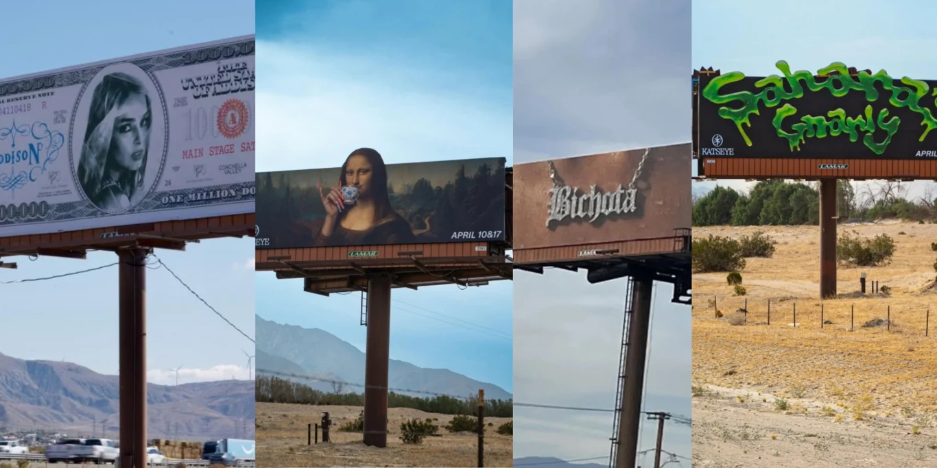 Cztery przydrożne billboardy ustawione na pustynnym terenie, każdy z inną grafiką – pierwszy przedstawia banknot z kobiecą twarzą, drugi Mona Lisę pijącą napój z puszki, trzeci napis „Bichota” na ciemnym tle, a czwarty billboard pokryty jest zielono-żó...