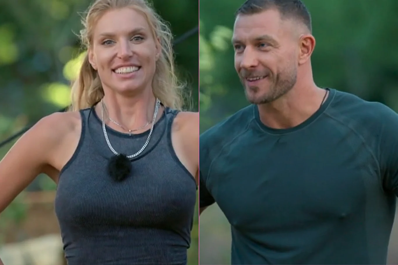 Królowa Przetrwania - Karolina Pajączkowska, Dariusz Pachut Karolina Pajączkowska i Dariusz Pachut na świeżym powietrzu w sportowych koszulkach, tło zielone z drzewami