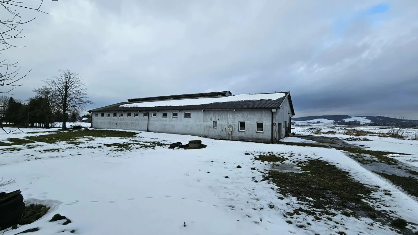 Długi, prostokątny budynek gospodarczy o jasnych ścianach i skośnym dachu stoi na częściowo ośnieżonym terenie, otoczony przestrzenią polną i niewielkimi drzewami, z widoczną w oddali panoramą pagórków pod pochmurnym niebem.