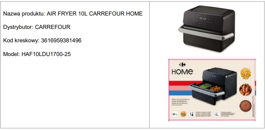 Frytkownica beztłuszczowa CARREFOUR HOME 10L w kolorze czarnym z cyfrowym panelem sterowania, prezentowana na zdjęciu wraz z kolorowym opakowaniem, na którym widoczne są przykładowe potrawy przygotowywane w urządzeniu.