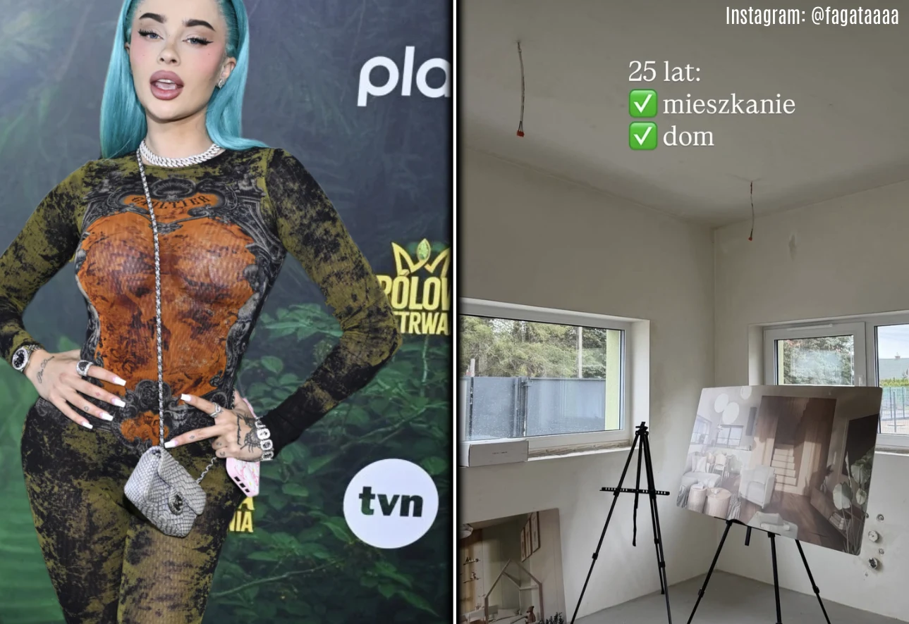 Po lewej kobieta z niebieskimi włosami pozuje w dopasowanym, wzorzystym kombinezonie na tle ścianki z logo TVN i Polo TV; po prawej jasne pomieszczenie z dużymi oknami, sztalugą i obrazem, nad którym widnieje napis informujący o osiągnięciu celu: miesz...
