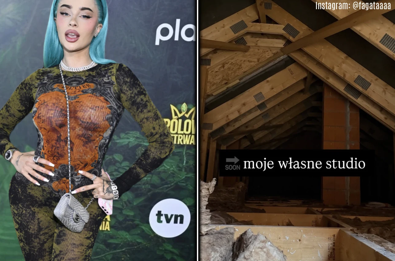 Kobieta z niebieskimi włosami w ekstrawaganckim, wzorzystym ubraniu pozująca na tle logotypów wydarzenia oraz widok na poddasze w trakcie adaptacji na własne studio, z widoczną drewnianą konstrukcją dachu.