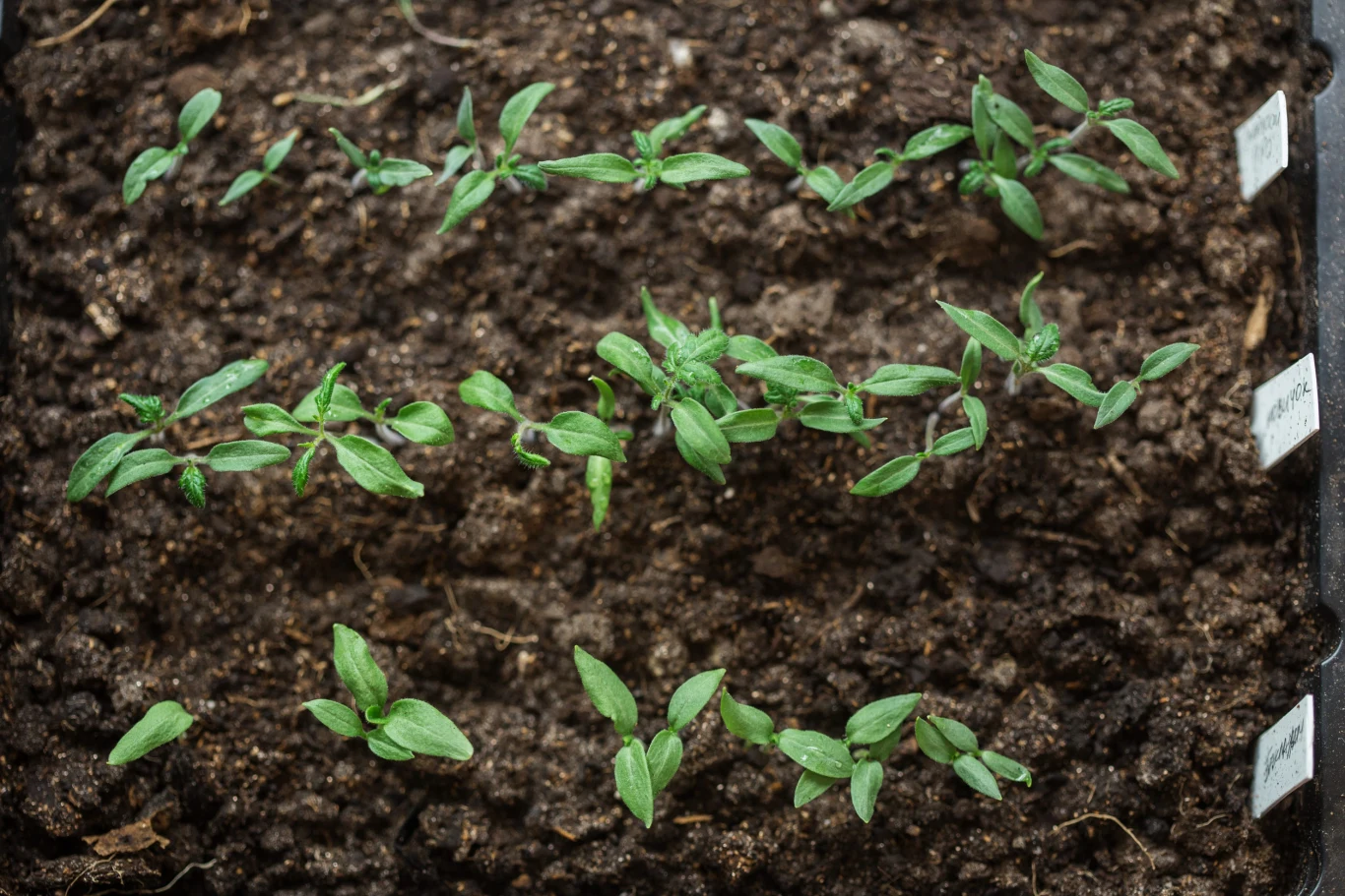 Młode zielone sadzonki wzrastające w rzędach na wilgotnej, ciemnej ziemi, każda grupa oznaczona widocznymi etykietami po prawej stronie.
