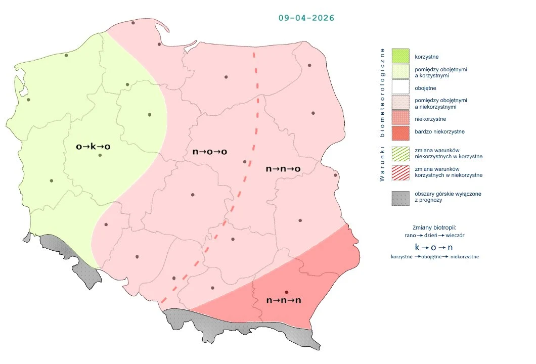 Pogoda podzieli Polskę na bardziej przyjazny zachód oraz resztę kraju, gdzie pogoda będzie znacznie bardziej wymagająca Mapa Polski z wyraźnym podziałem kraju na trzy strefy kolorystyczne ilustrujące stopień korzystności warunków biometeorologicznych: zachód kraju w jasnozielonym kolorze oznacza korzystne warunki, centralna część w jasnoróżowym symbolizuje warunki oboję...