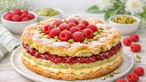 Pistacjowa karpatka z kremem budyniowym i malinami – nowoczesny przepis na klasyczne ciasto