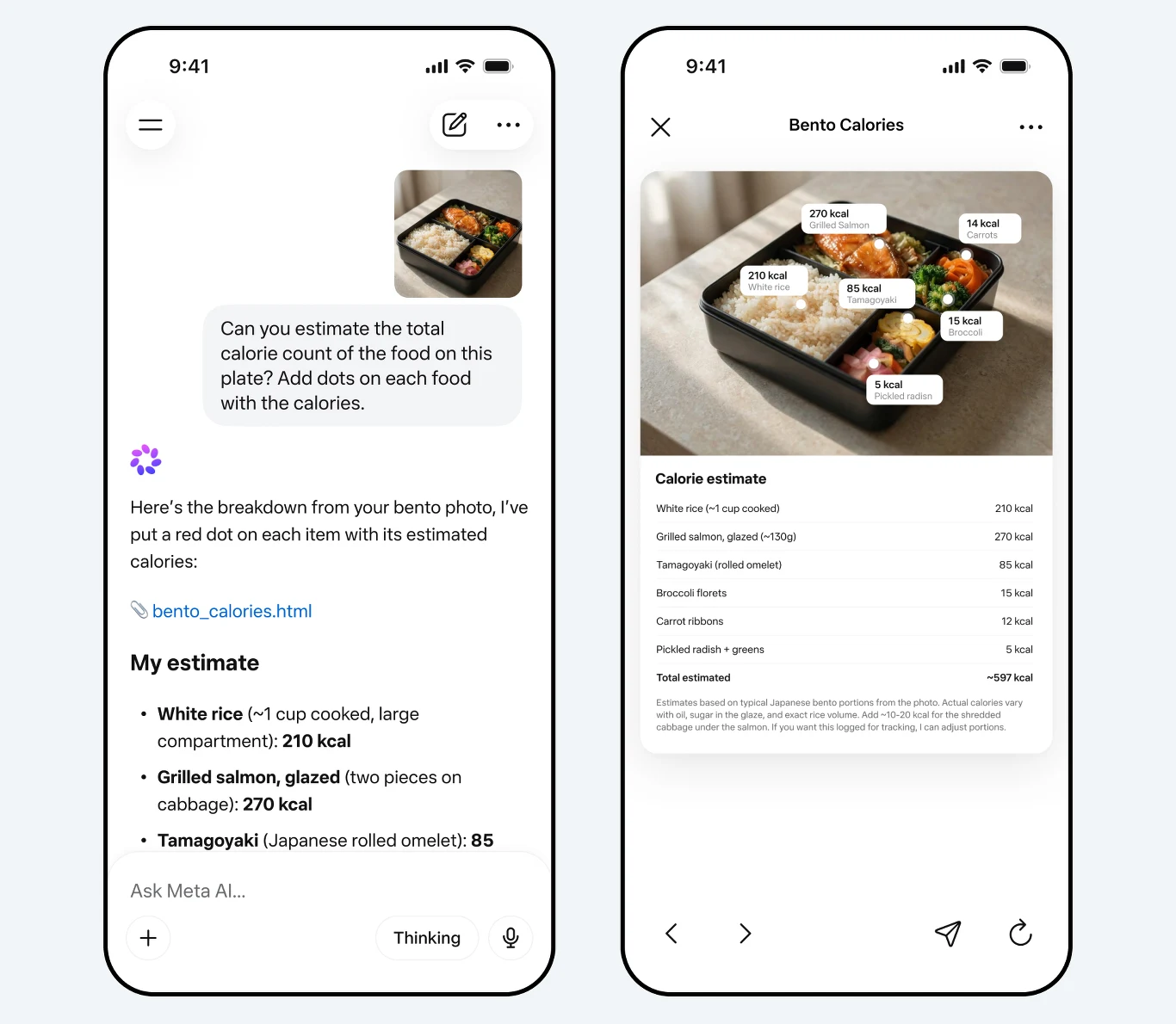 Dwa ekrany smartfona prezentujące analizę zdjęcia posiłku bento; pierwszy ekran pokazuje rozmowę z chatbotem AI, który szacuje kaloryczność poszczególnych części dania, drugi ekran przedstawia fotografię bento z nałożonymi etykietami kaloryczności oraz...