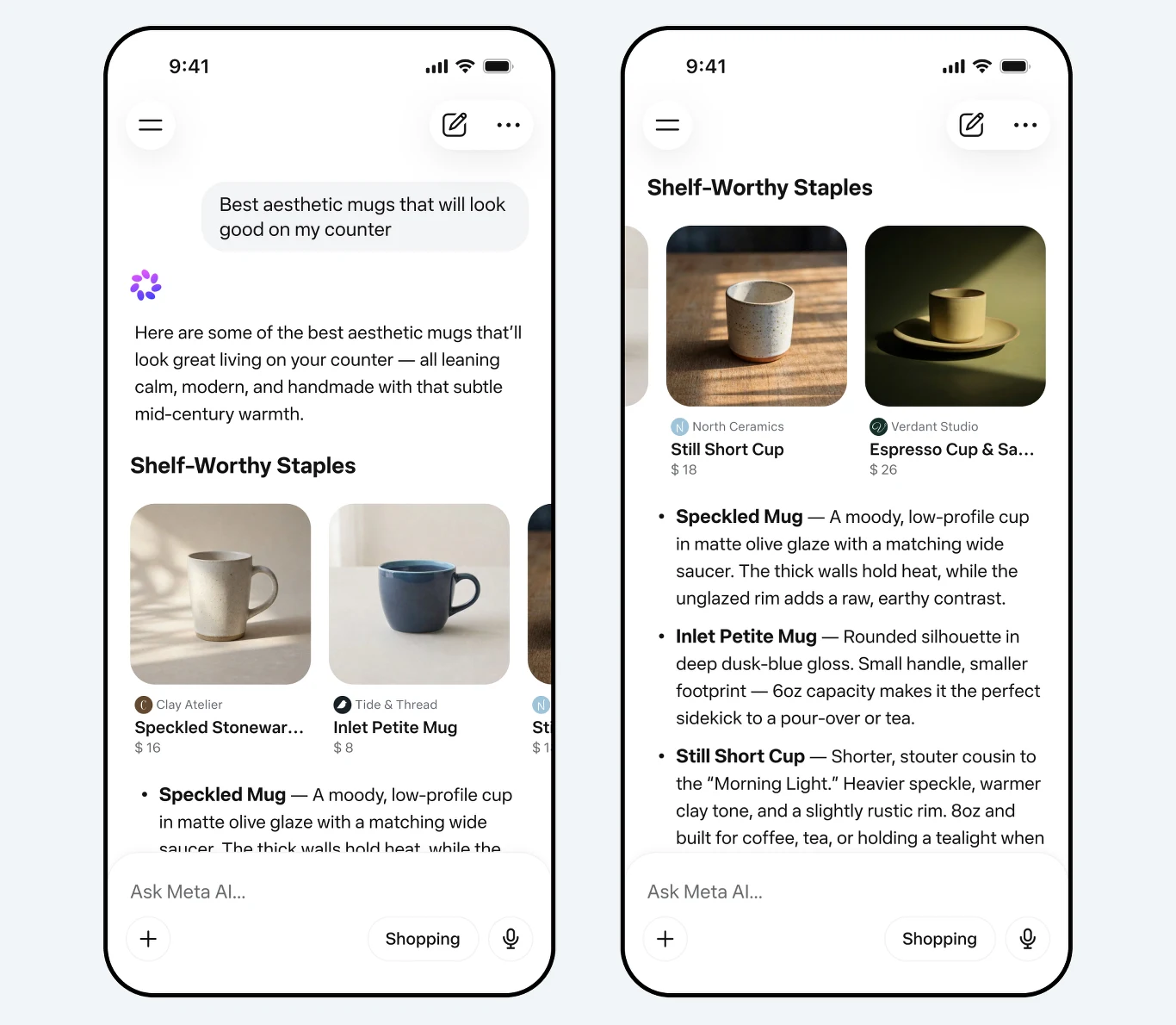 Dwa ekrany smartfona z aplikacją do wyszukiwania i opisywania przedmiotów; na ekranach wyświetlone są zdjęcia ceramicznych kubków wraz z opisami, cenami i nazwami producentów, przy czym główny nacisk położono na szczegóły dotyczące stylu, kolorystyki i...