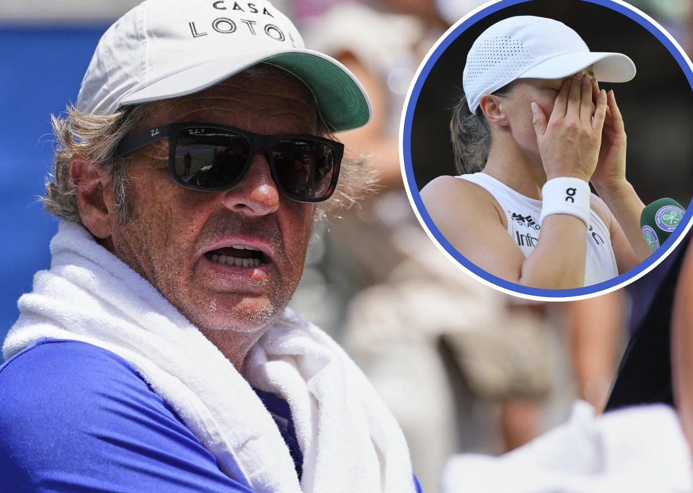 starszy mężczyzna w okularach przeciwsłonecznych i czapce z daszkiem patrzy przed siebie z poważną miną, na pierwszym planie widoczny biały ręcznik na jego ramionach; w rogu zdjęcia wstawiona jest twarz młodej tenisistki w białej czapce, która zasłania...