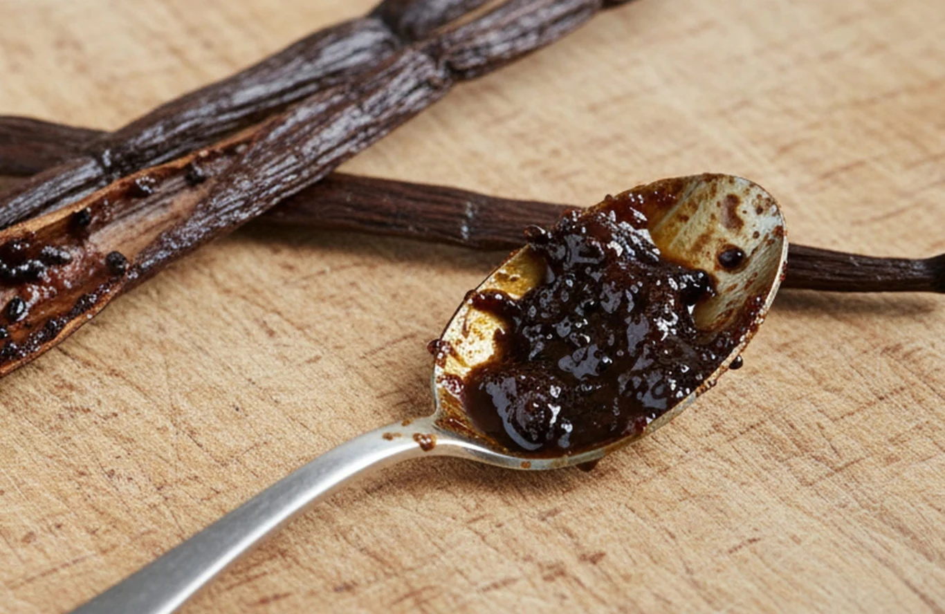 Ziarenka wanilii mogą skutecznie zmniejszać chęć na podjadanie Łyżka z pastą waniliową i przekrojone laski wanilii na drewnianej desce, ziarenka widoczne na powierzchni.