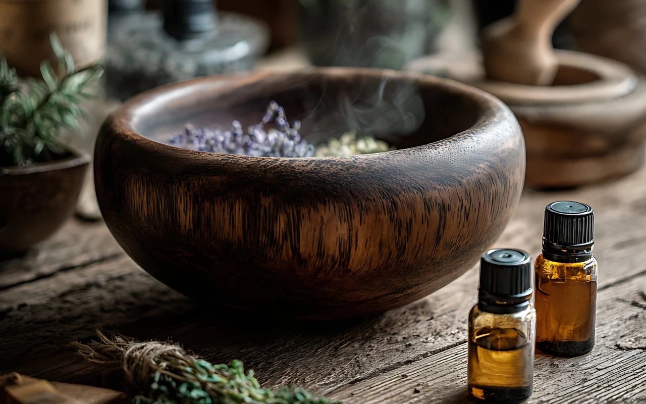 duża drewniana misa wypełniona suszonymi ziołami, obok której stoją dwie brązowe buteleczki z olejkami eterycznymi, otoczone naturalnymi dodatkami i gałązkami ziół