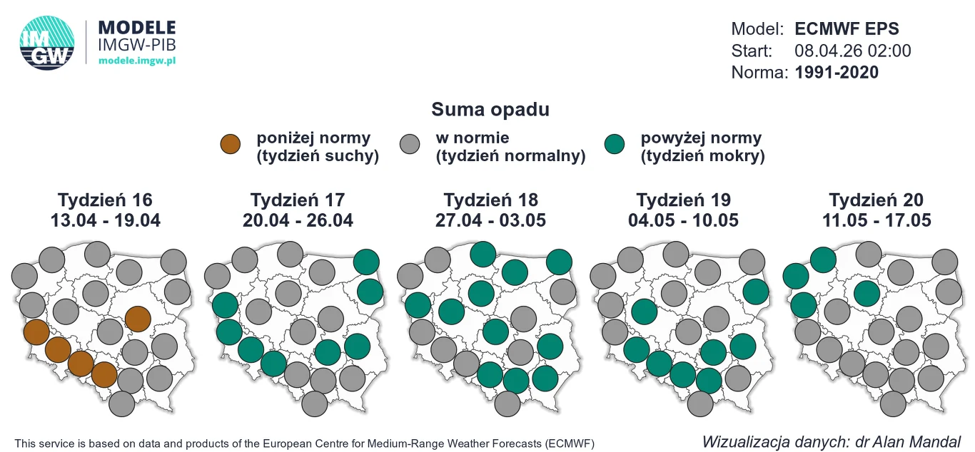 Koniec kwietnia powinien być dość suchy, zwłaszcza w porównaniu z bardziej deszczowym początkiem maja Pięć map Polski pokazujących prognozowaną sumę opadów na tygodnie od 13 kwietnia do 17 maja, z rozróżnieniem na obszary o opadach poniżej normy (brązowe kropki), w normie (szare kropki) oraz powyżej normy (zielone kropki); widoczny stopniowy wzrost lic...