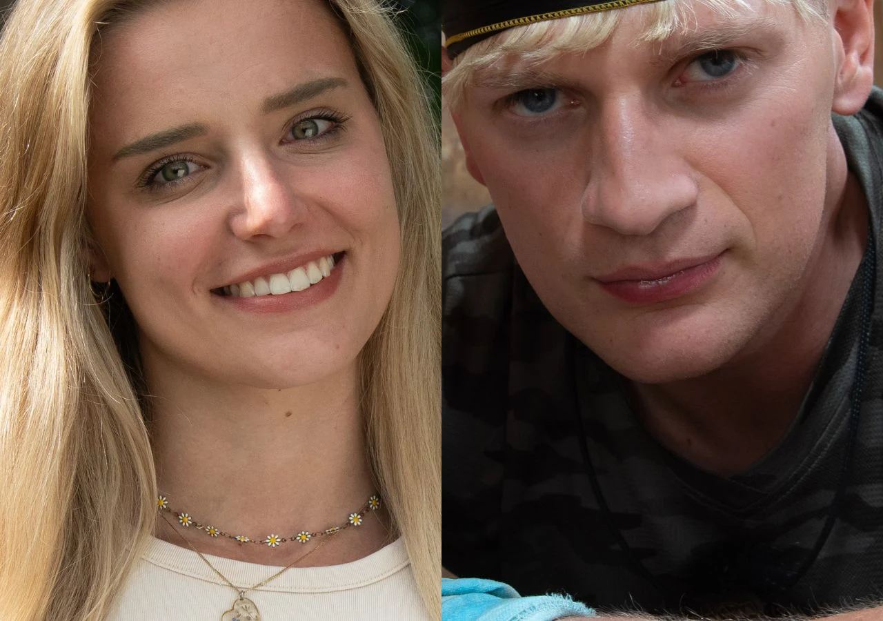 "Farma": Agnieszka i Łukasz Agnieszka i Łukasz z programu „Farma” – kobieta z długimi blond włosami i mężczyzna z krótkimi jasnymi włosami.