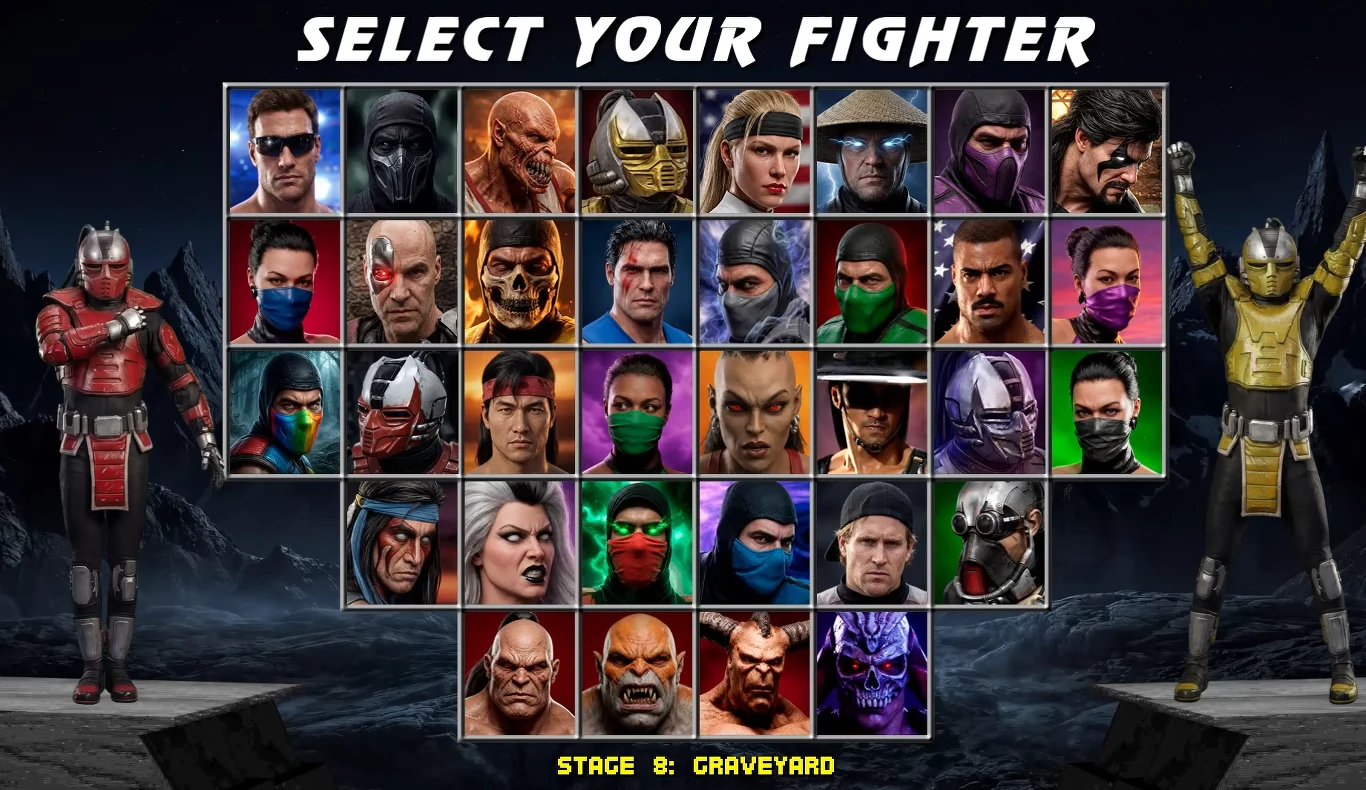 Mortal Kombat Trilogy HD ekran wyboru postaci z gry Mortal Kombat z układem siatki prezentującym różnorodne, charakterystyczne sylwetki wojowników ubranego w unikalne stroje i maski; po bokach ekranu stoją dwie postacie w pełnych zbrojach, a na dole widoczny jest napis Stage 8...