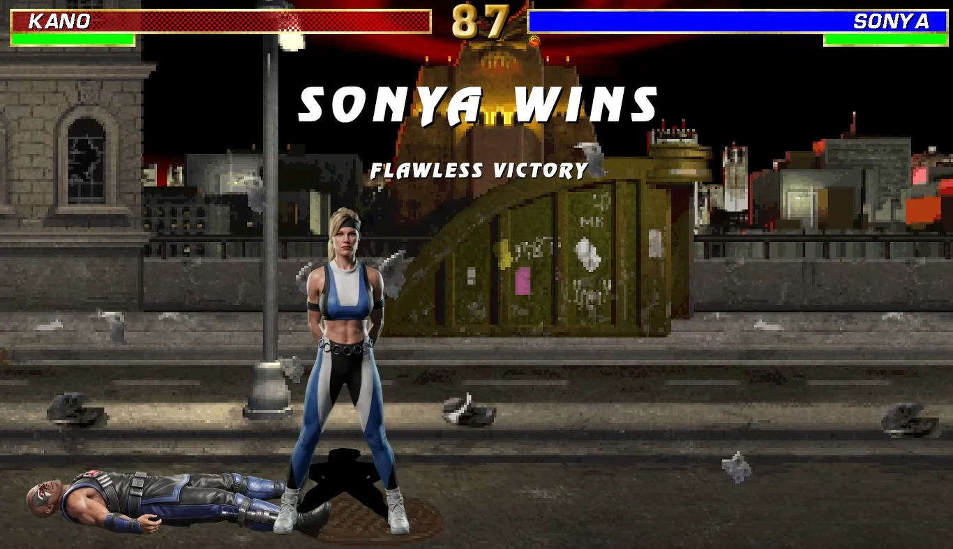 Mortal Kombat Trilogy Sonya stoi na ulicy w Mortal Kombat Trilogy, obok leży Kano; widoczne paski energii i napisy o zwycięstwie