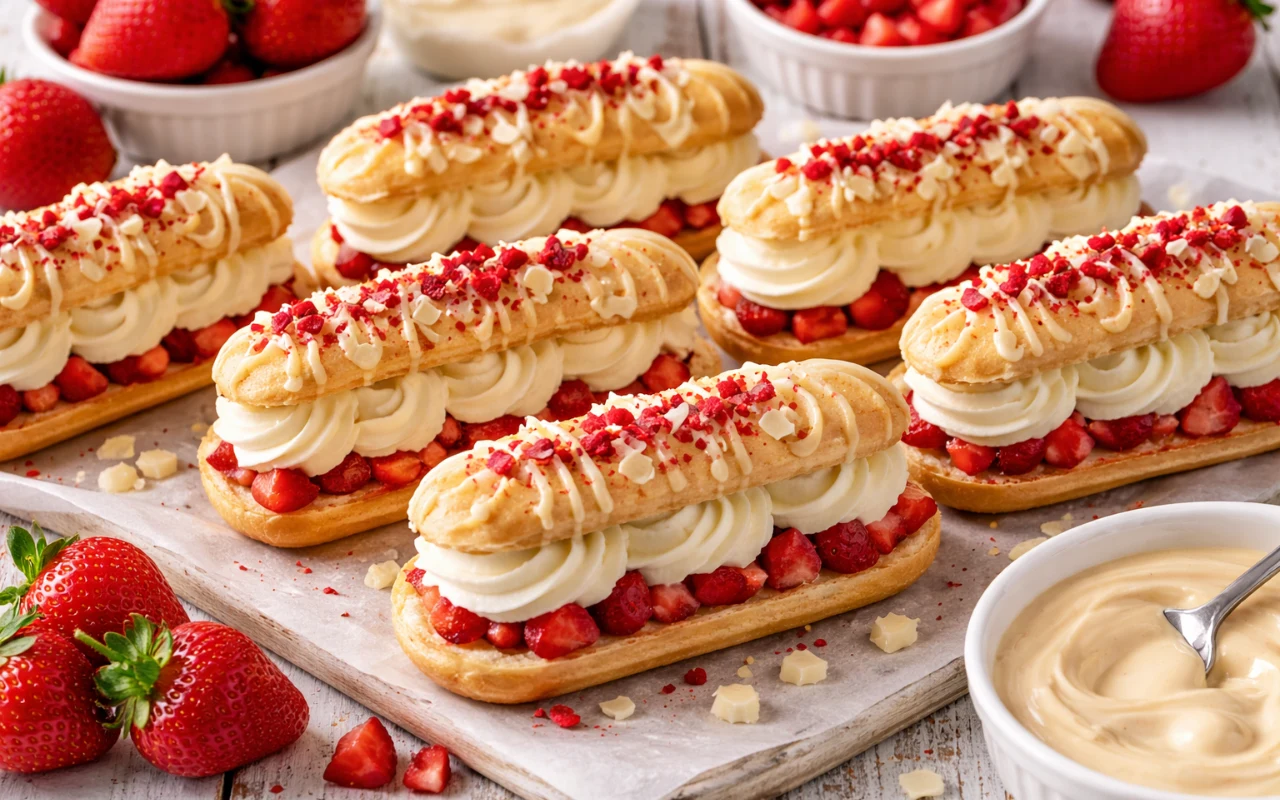 Tak pysznych eklerków jeszcze nie jadłeś Eklerki z kremem z białej czekolady i truskawkami – przepis krok po kroku