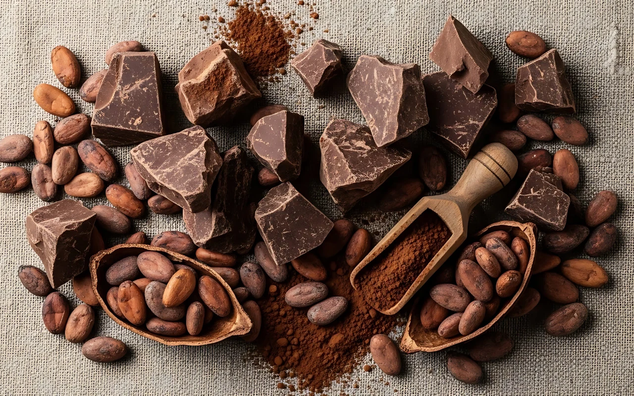 Czekolada, kakao i ziarna kakaowca Duże kawałki ciemnej czekolady, otoczone ziarnami kakao i proszkiem kakaowym oraz nierozłupane strąki z ziarnami.