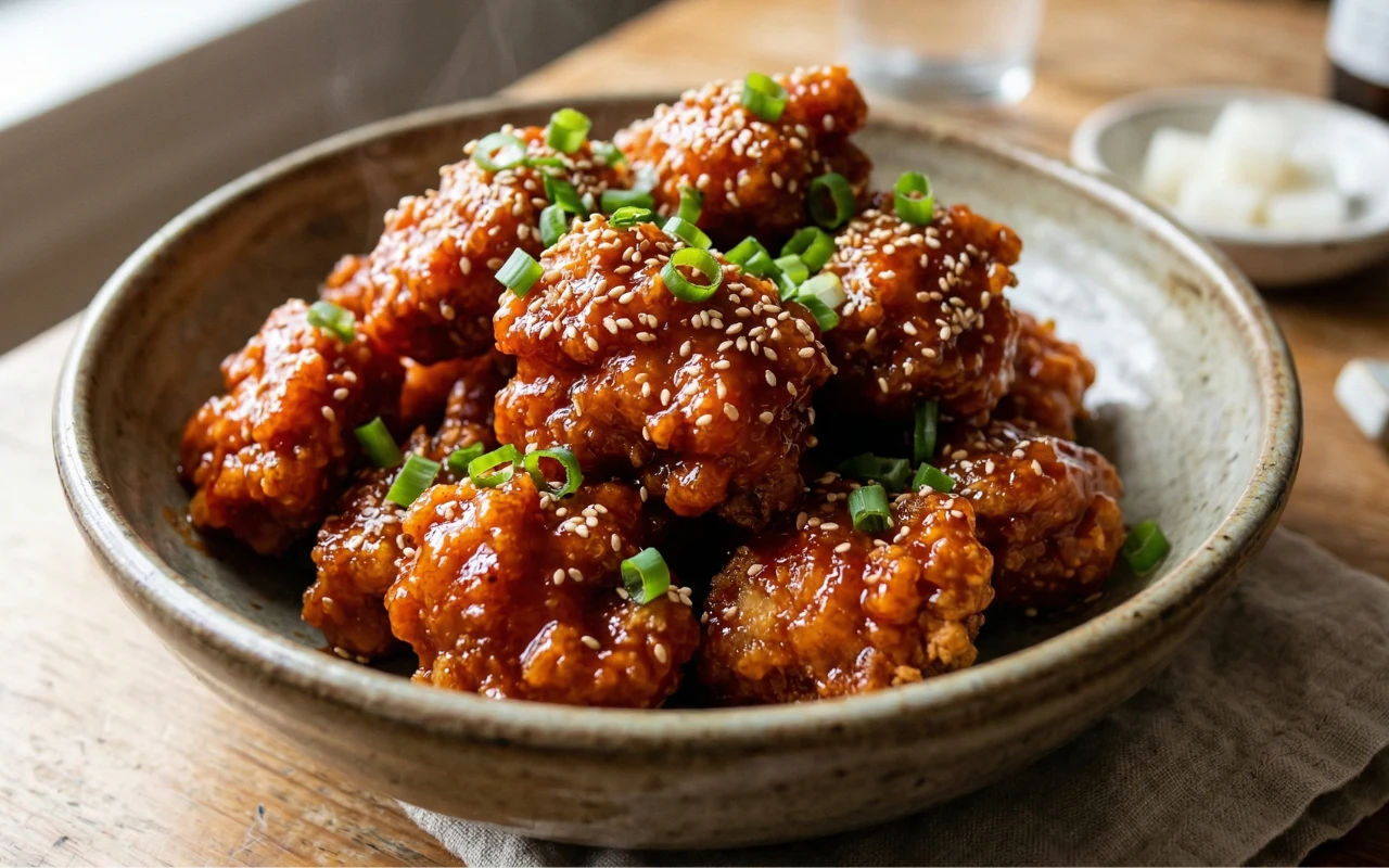 Podwójnie smażony kurczak w słodko-pikantnej glazurze Porcja chrupiącego kurczaka w słodko-pikantnej glazurze, posypanego sezamem i świeżą dymką, podana w ceramicznej misce.
