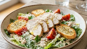 Sałatka z pieczonym kurczakiem, tuńczykowym sosem i czosnkowymi grzankami