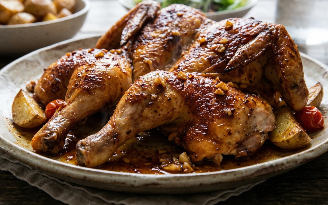 Pieczony kurczak w marynacie paprykowo-czosnkowej Soczysty, złocisty kurczak z chrupiącą skórką, posypany ziołami i otoczony sosem z pieczenia, ułożony na dużym półmisku.