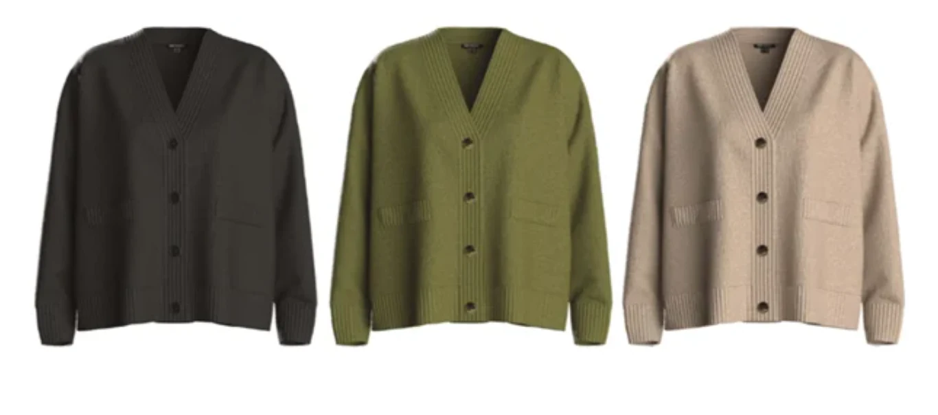 Niektóre produkty tekstylne z Lidla nie spełnia wymogów standardu nie spełniają wymogów RCS (Recycled Claim Standards) oraz RWS (Responsible Wool Standard) Trzy kardigany z grubego materiału, każdy z dwoma kieszeniami z przodu i dużymi guzikami, w kolorach czarnym, oliwkowym i beżowym, ułożone obok siebie na białym tle.