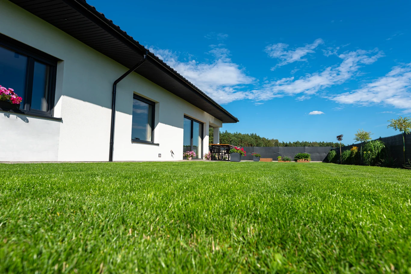 Długotrwała kondycja trawnika w największym stopniu zależy od właściwego koszenia. biały, nowoczesny dom z dużymi oknami otoczony zadbanym, zielonym trawnikiem; w tle taras z meblami ogrodowymi oraz roślinnością, jasne niebo z niewielkimi obłokami